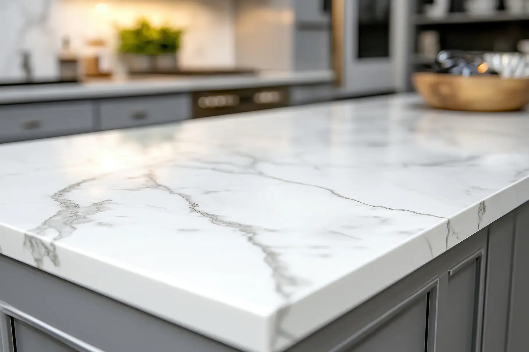 A close-up of a modern kitchen island with a polished white marble countertop featuring gray veining, gray cabinetry, and a blurred background of kitchen items and greenery—perfect inspiration for marble restoration in Nassau & Suffolk County, NY.