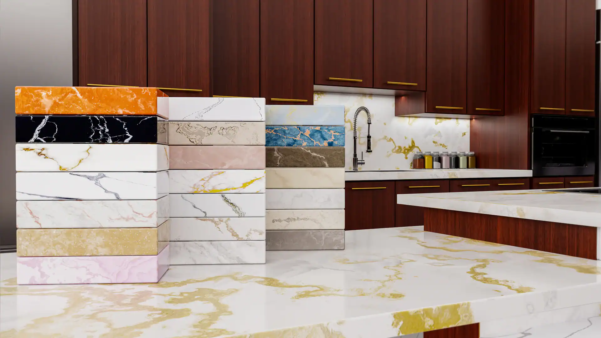 Stacks of rectangular marble and stone samples in various colors and patterns are displayed on a kitchen island, highlighting options perfect for marble restoration in Nassau & Suffolk County, NY, with dark wood cabinets and a matching marble backsplash behind.