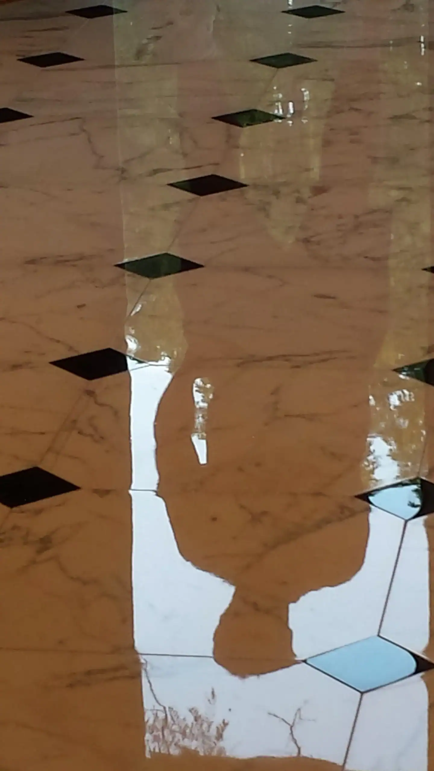 Reflection of two people standing on a shiny, marble-tiled floor with a diamond pattern; thanks to expert marble restoration in Nassau & Suffolk County, NY, the figures appear only as shadows and outlines in the glossy surface.