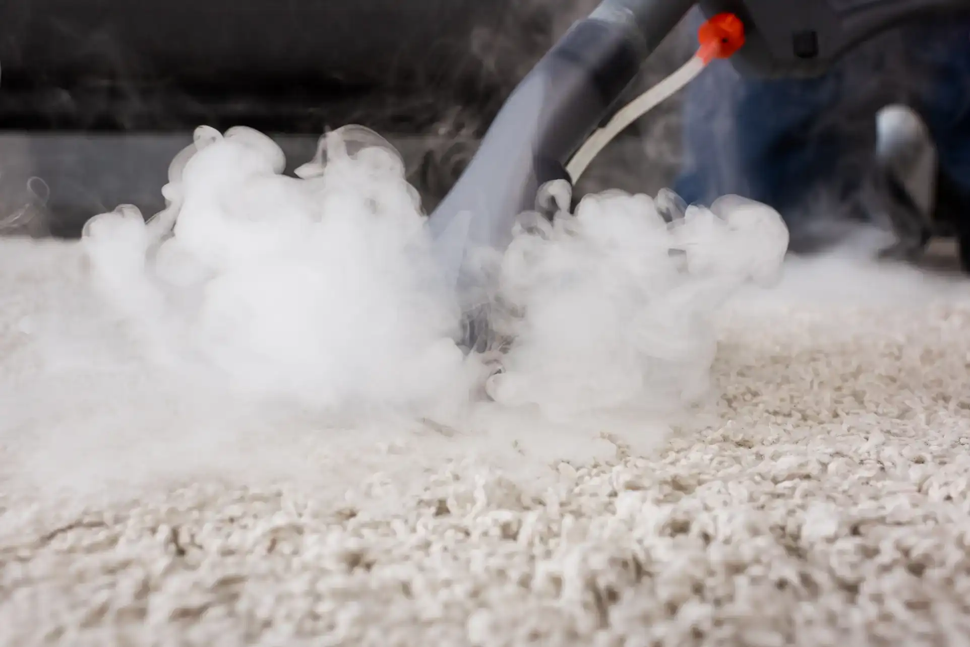 A steam cleaner nozzle emits vapor while being used to clean a light-colored carpet, with visible steam rising from the carpet fibers.