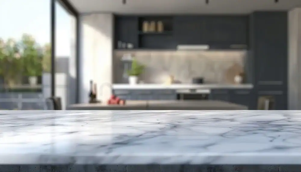 A close-up view of a polished marble countertop with a modern kitchen in the blurred background, featuring dark cabinets, an island, and large windows letting in natural light.