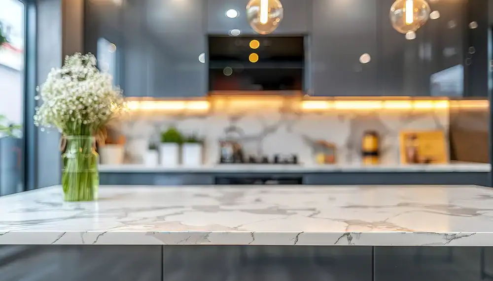 A modern kitchen with a marble countertop, glass vase of white flowers, grey cabinets, under-cabinet lighting, and hanging pendant lights, with blurred background for a soft focus effect.